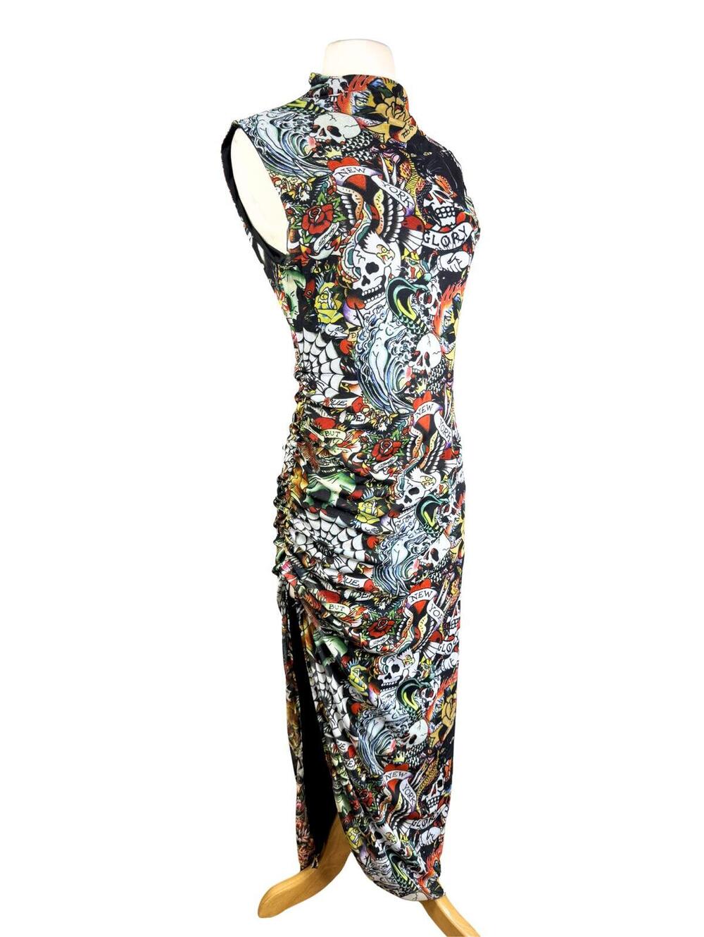 Ed Hardy Tattoo Print Ruched Maxi Dress Size M